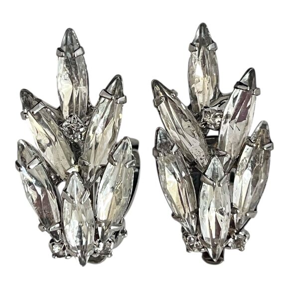 Vintage 1960s Clip On Earrings Silver Tone Rhinestone Navette Cluster - 13P - Picture 2 of 4